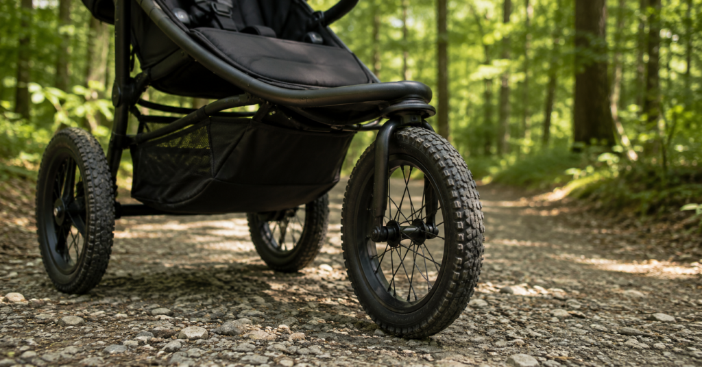 All-terrain jogging stroller on gravel trail with large air-filled tires in forest setting