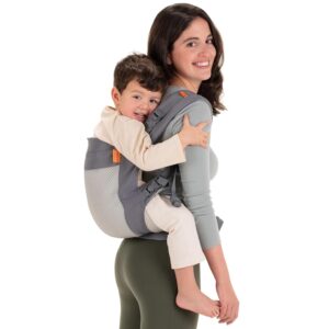 A smiling woman in a sage green long-sleeved shirt wearing a grey baby carrier on her back, with a happy toddler inside looking over her shoulder.