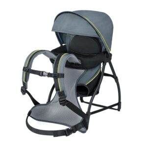 A close-up of a grey and black baby carrier with a headrest and sun canopy, viewed from the back. Yellow accent stitching and mesh fabric are visible.