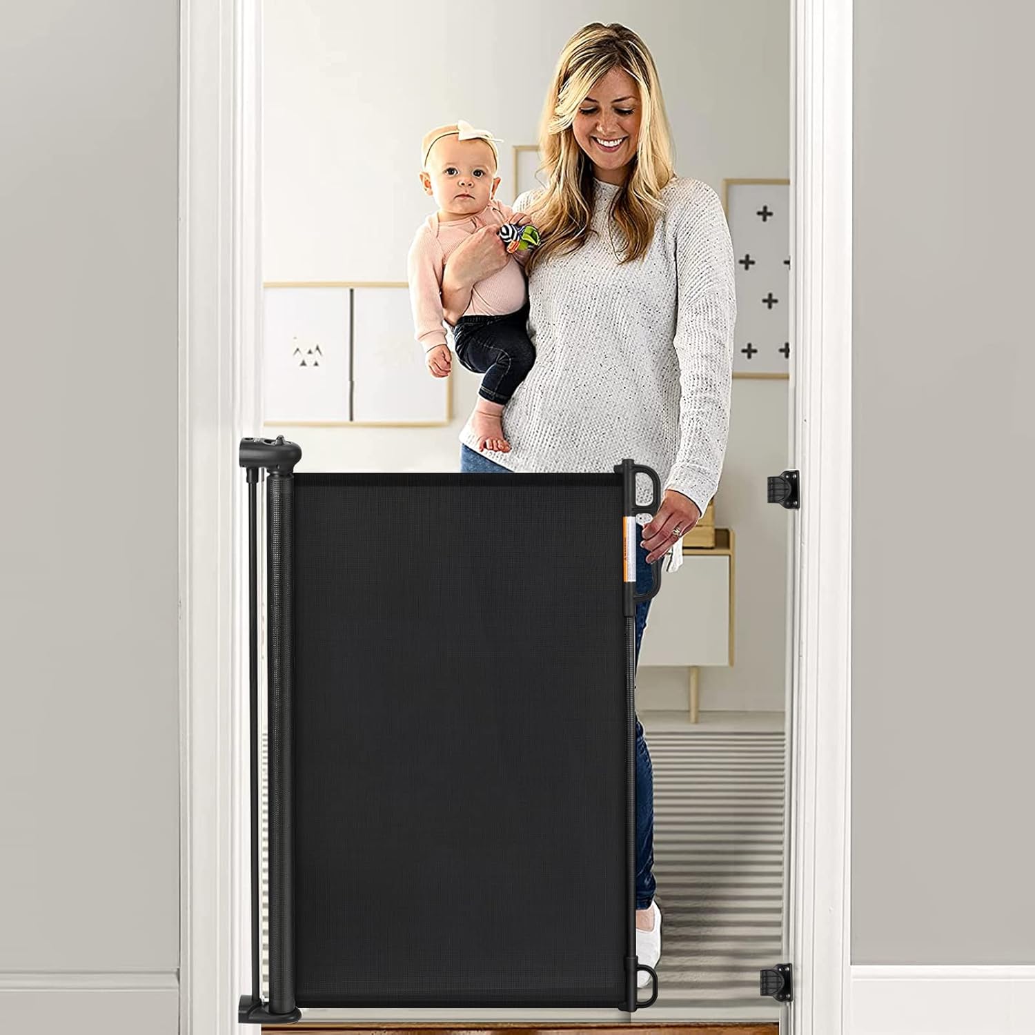 Best Retractable Baby Gates for Wide Openings (That Don't Ruin Your Home's Look) Momcozy retractable baby gate installed in wide kitchen doorway