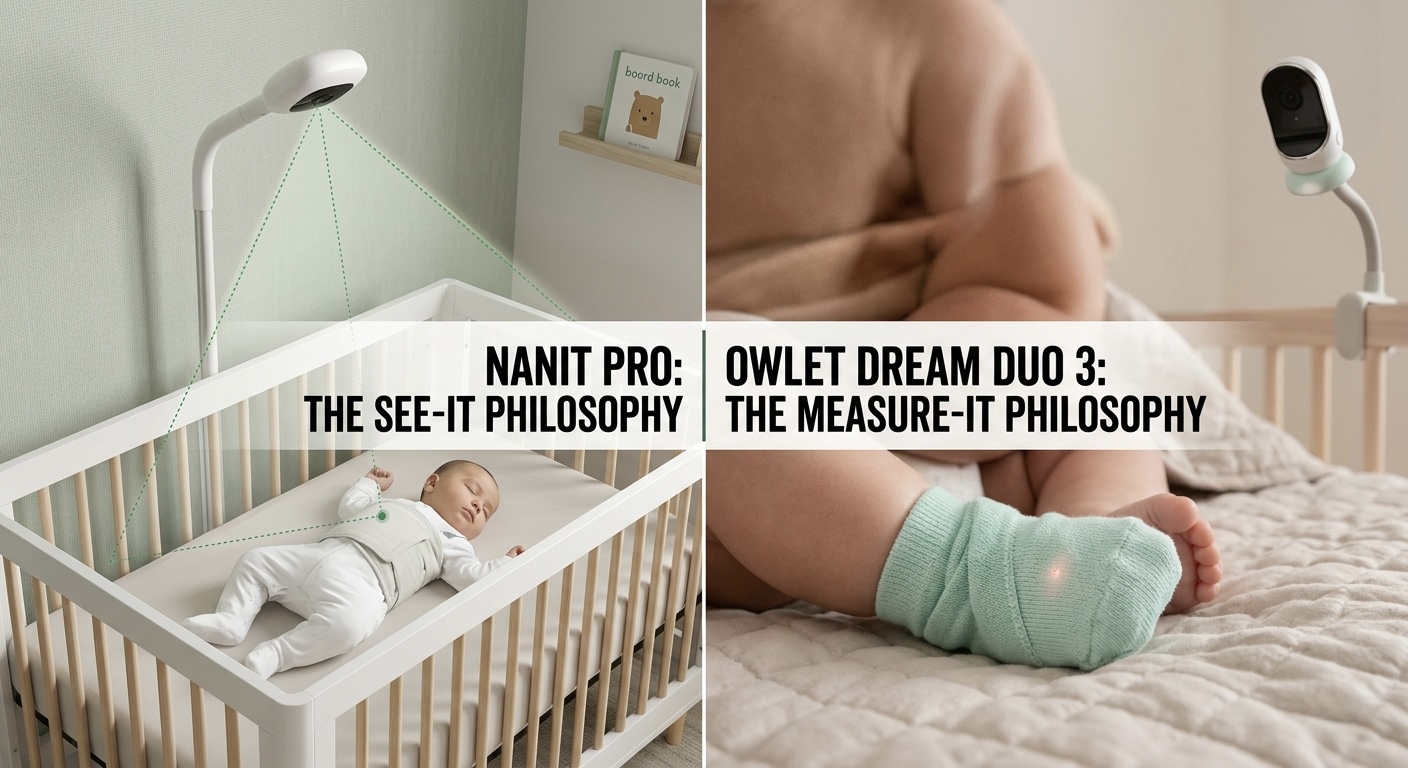 Nanit Pro overhead camera vs Owlet Dream Duo 3 Dream Sock wearable monitor — side-by-side comparison