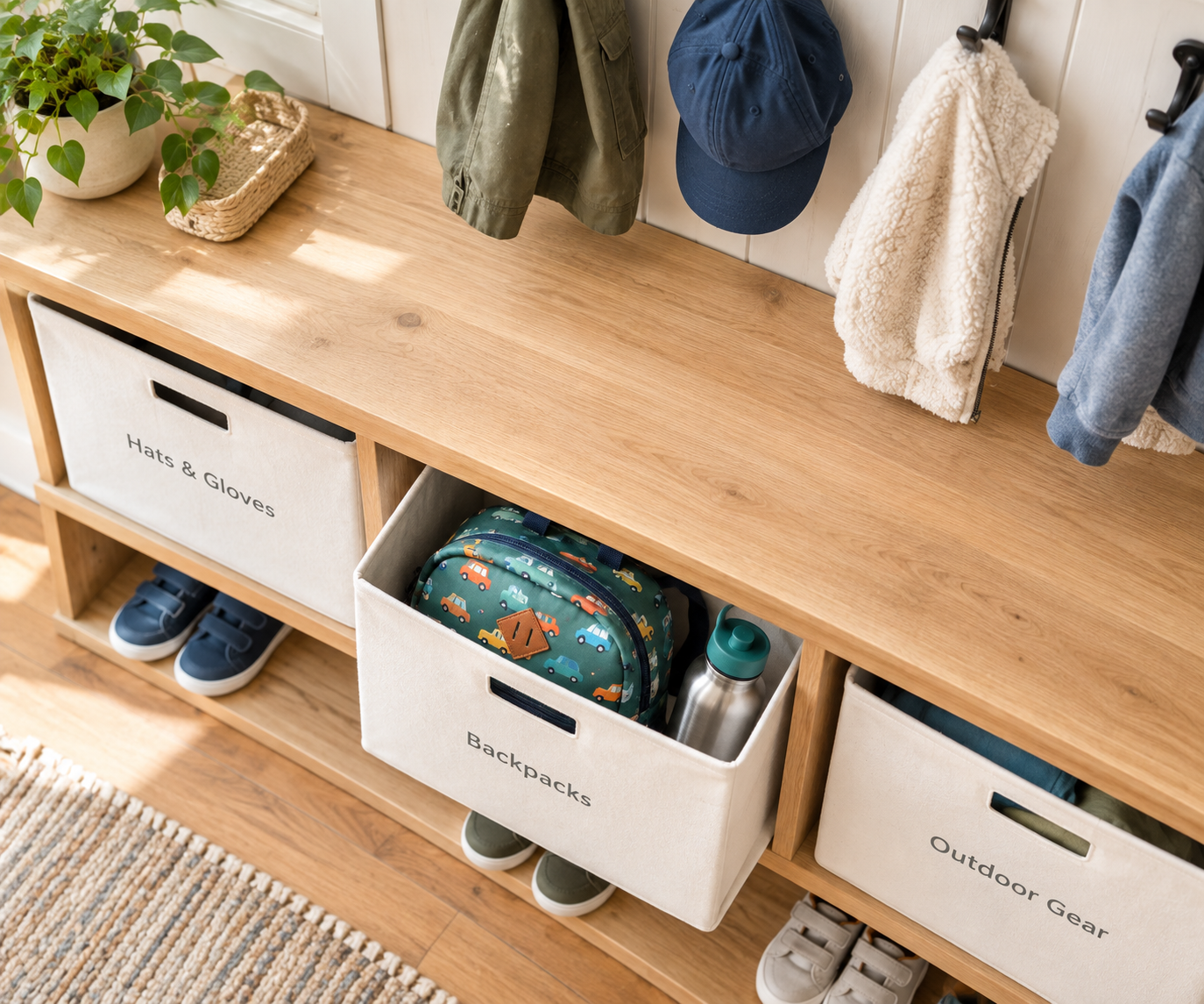 Close-up of a launch pad bench with labeled storage bins for hats and gloves, backpacks, and outdoor gear, with coat hooks above.