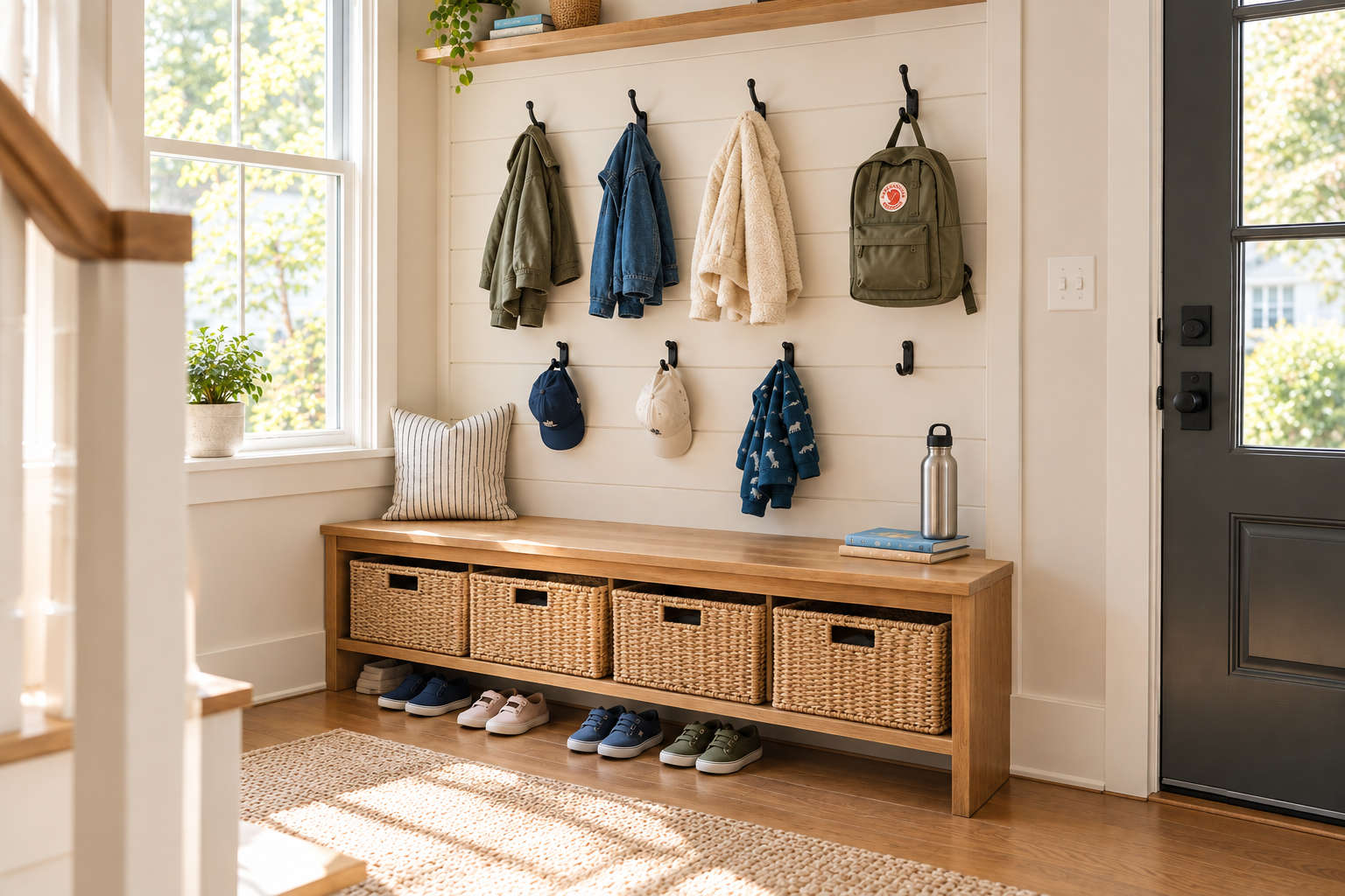 A finished family launch pad by the front door, with labeled hooks holding jackets and a backpack, and a bench with woven storage bins for shoes.