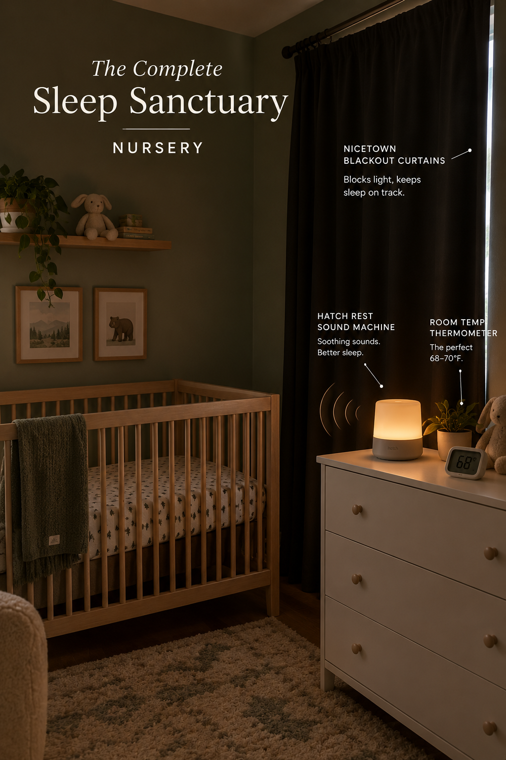 Dark baby nursery setup featuring NICETOWN blackout curtains and a Hatch Rest sound machine on a nightstand.