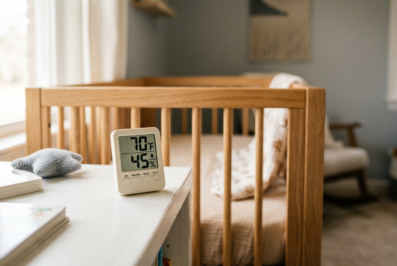 Digital hygrometer in a baby’s room showing 45 percent humidity and 70 degrees