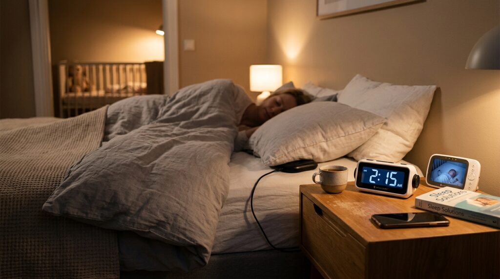 Bed shaker alarms for deaf parents: Bellman and Symfon bed shaker alarm clock on a nightstand with the vibrating pad under a pillow