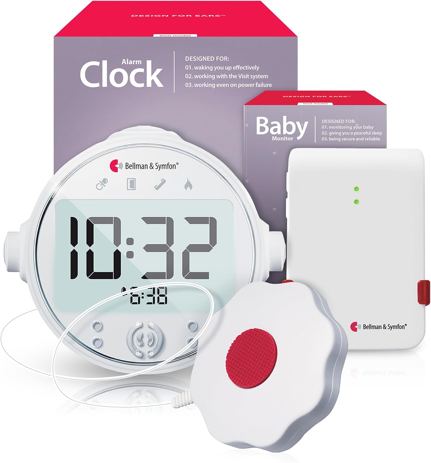 Bellman and Symfon alarm clock receiver with connected vibrating bed shaker pad on a bedside nightstand