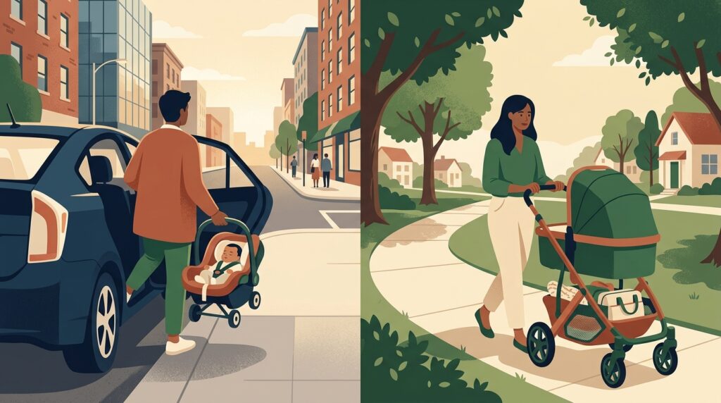 Doona vs Chicco Bravo: parent using a wheeled infant car seat at a city curb beside a parent pushing a full-size stroller