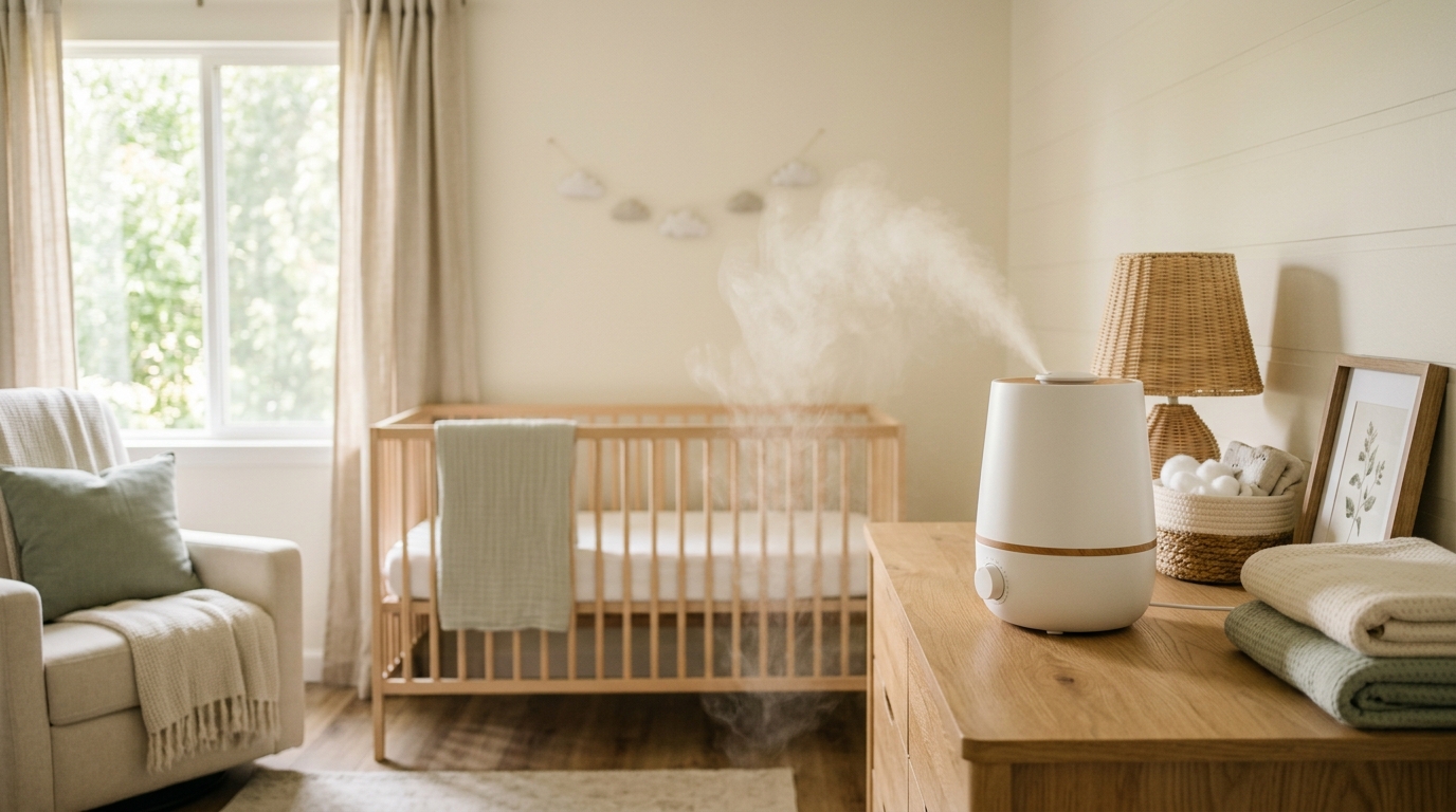 Cool mist humidifier on a dresser in a baby’s nursery beside a crib