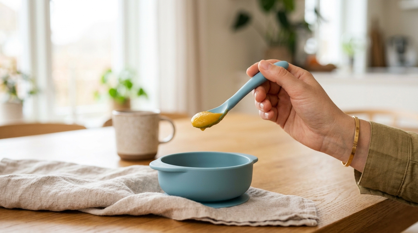 Soft-tip silicone spoon holding a smooth, thick puree above a blue silicone suction bowl on a kitchen table