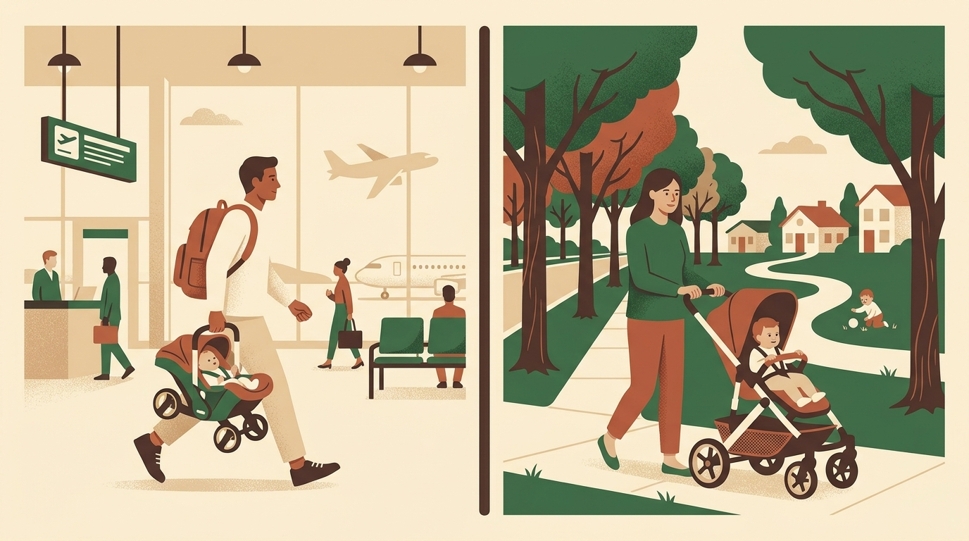 Parent hurrying through an airport with a wheeled infant car seat beside a parent strolling a neighborhood park path
